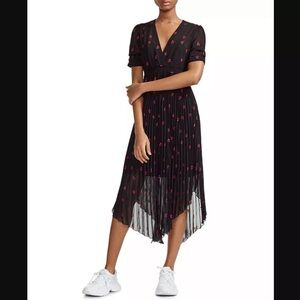 Maje Black Rengo Embroidered Heart Pleated Chiffon Midi Dress Size 2 US Medium